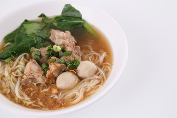 Local Thai food , Noodle with meat ball and pork isolated in white background