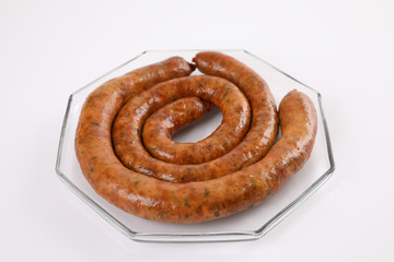 Local Northern Thai food , Northern Thai spicy sausage street food isolated in white background