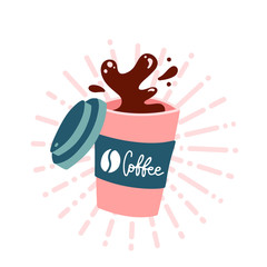 Coffee to go cup. Splashing coffee in paper cup isolated on white background. Hot invigorating drink. Decorative element for menu, advertising, flyer and poster design. Flat vector illustration.