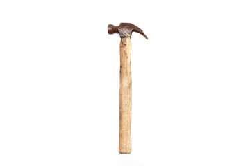 old rusty and dirty wooden handle hammer isolated on white background.