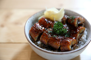 japanese food , Chicken teriyoki with rice on wood background