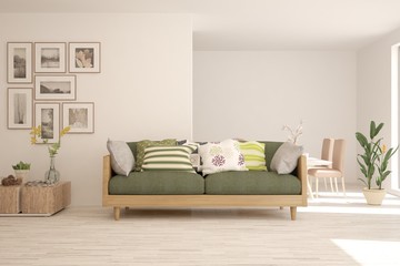 White living room with sofa. Scandinavian interior design. 3D illustration