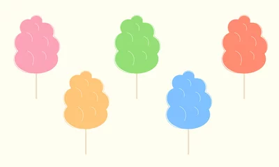 Selbstklebende Fototapeten Collection of cotton candies of different flavors. Flat vector illustration of fluffy sweets on wooden sticks. Yummy treat for children offered in amusement or theme park © julianeroznak