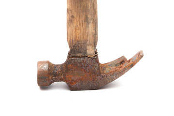 old rusty and dirty wooden handle hammer isolated on white background.