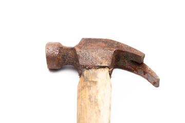 old rusty and dirty wooden handle hammer isolated on white background.