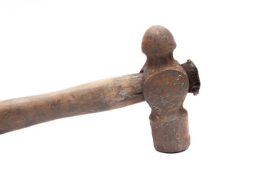 old rusty and dirty wooden handle hammer isolated on white background.