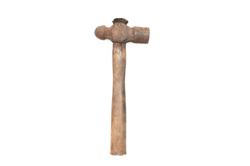 old rusty and dirty wooden handle hammer isolated on white background.