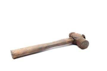 old rusty and dirty wooden handle hammer isolated on white background.