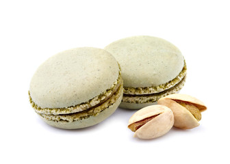 Sweet pistachios macarons isolated on white background. Clipping Path.