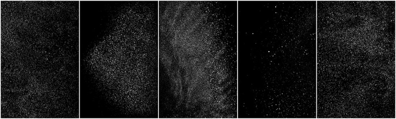 Set of distressed white grainy texture. Dust overlay textured. Grain noise particles. Snow effects pack. Rusted black background. Vector illustration, EPS 10.   