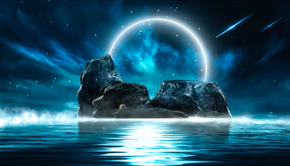 Futuristic night landscape with abstract landscape and island, moonlight, shine. Dark natural scene with reflection of light in the water, neon blue light. Dark neon circle background. 