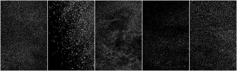 Set of distressed white grainy texture. Dust overlay textured. Grain noise particles. Snow effects pack. Rusted black background. Vector illustration, EPS 10.   