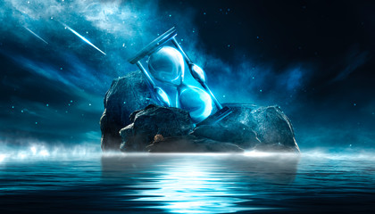 Futuristic night landscape with abstract landscape and island, moonlight, shine. Dark natural scene with reflection of light in the water, neon blue light. Dark neon circle background. 