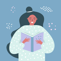 A girl reads a book before going to bed. Home activities. The study of information. The concept of reading books. Inspiring and motivating poster. Advertising for a bookstore. Flat vector illustration