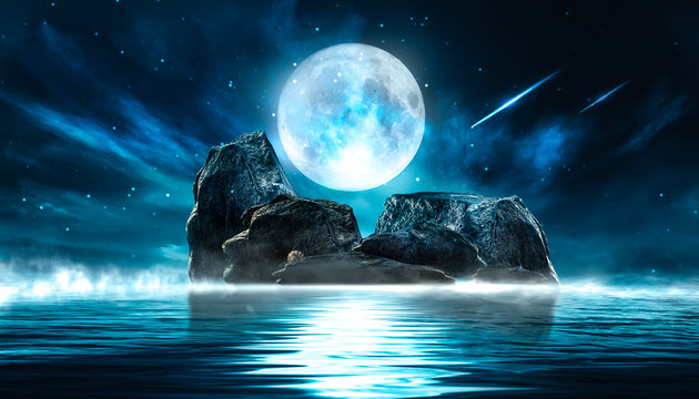 Futuristic night landscape with abstract landscape and island, moonlight, shine. Dark natural scene with reflection of light in the water, neon blue light. Dark neon circle background. © MiaStendal