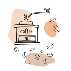 Grinder and coffee beans. Hand drawn line art sketch. Black and white vector illustration on colourful blobs background.