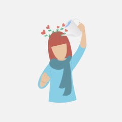 self care and self compassion concept,Woman or girl watering it on her head from a watering can,Red heart shaped flower,Add freshness and confidence,Vector illustration.
