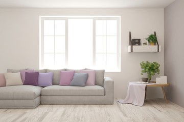 White living room with sofa. Scandinavian interior design. 3D illustration