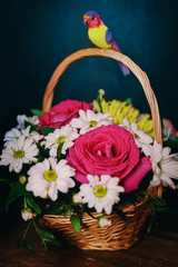 A bouquet of natural flowers in a wicker basket with a parrot on the handle. Red roses and white daisies.