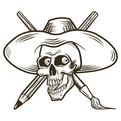 Vector illustration of a skull in a hat. The skull of the artist. Cheerful skull with a pencil and brush.