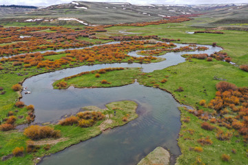 A 4k High resolution aerial view of a western trout stream in Wyoming.