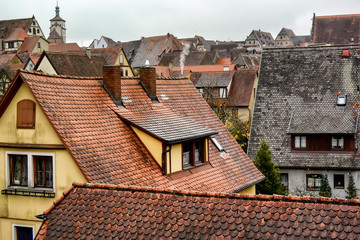 View from town wall of facades and roofs of medieval old town Rothenburg ob der Tauber, Bavaria, Germany. November 2014