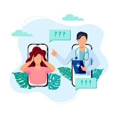 Tele medicine, online doctor and medical consultation concept. Doctor helps a patient on a mobile phone. Flat cartoon style vector illustration.