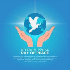 Happy International Day of Peace background with hands, pigeon, globe, blue sky and shinny light. International Day of Peace design