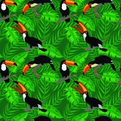 Seamless pattern of toucans in the rainforest. Exotic tropics print for design t-shirts, wallpaper in nursery. 
Vector stock illustration in green, black and orange colors.