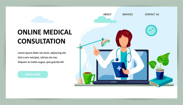 Tele medicine, online doctor and medical consultation concept. Female doctor helps a patient on a laptop. Place for text. Flat cartoon style vector illustration.