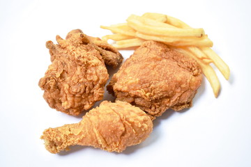 fried chicken and French fries fast food on white background