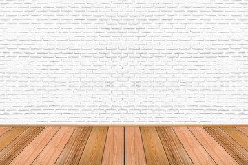 Empty living room with wooden floor and white painted brick wall background. For design interior.