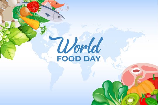 World food day background with vegetables, fruits, meat, fish, shrimp and world map. Celebration World food day