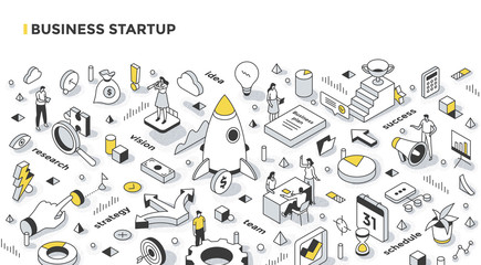Business Startup Isometric Outline Illustration - obrazy, fototapety, plakaty
