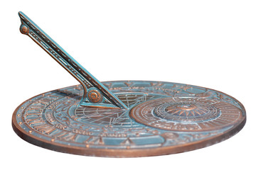 Antique sundial with a beautiful dial and ornament isolated on white background. The bronze...