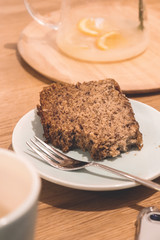 piece of chocolate cake with coffee/banana bread