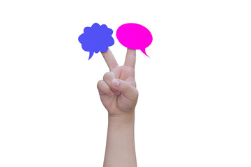 Fototapeta premium Two speech bubbles on child hand fingers isolated on white background, with clipping path.