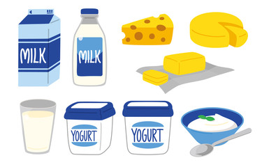 牛乳 チーズ ミルク ヨーグルト バター 乳製品 ベクター イラスト セット