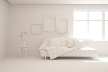 White minimalist living room with sofa. Scandinavian interior design. 3D illustration