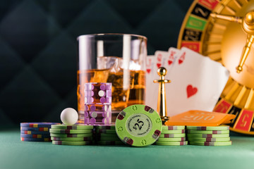 Casino set with Roulette, cards, dice and chips