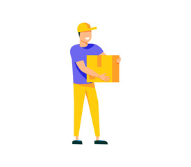 Delivery man with box. Young courier in red hat and uniform standing, service vector cartoon character