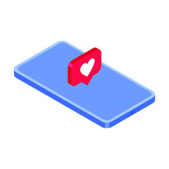 Heart and phone, Like icon, vector symbol in flat isometric 3D style isolated on white background. Social media illustration.