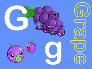 Cute alphabet letter G is for Grape  in fruits and veggies flashcard collection for preschool kid learning English vocabulary