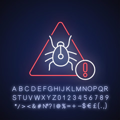 Computer virus neon light icon. Suspicious malware. Bug warning. Internet hacking. Outer glowing effect. Sign with alphabet, numbers and symbols. Vector isolated RGB color illustration
