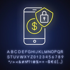 Online banking security neon light icon. Money savings, digital wallet safety. E banking account. Outer glowing effect. Sign with alphabet, numbers and symbols. Vector isolated RGB color illustration
