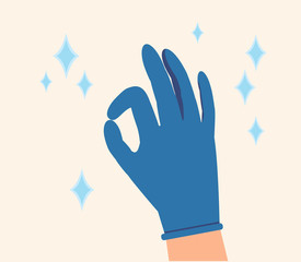 Obraz premium Hand in blue glove OK sign isolated on white background. Hands putting on protective blue glove and hand don,t putting glove Latex gloves as a symbol of protection against viruses and bacteria