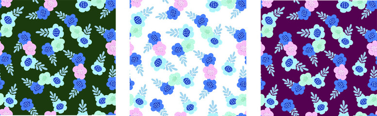
Set of wild flowers seamless pattern. Different background colors. Vector illustrations are suitable for napkins, blankets and tablecloths, print for textiles and wallpaper