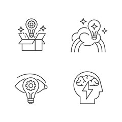 Creative mindset pixel perfect linear icons set. Imagination of creative artist. Innovative insight. Customizable thin line contour symbols. Isolated vector outline illustrations. Editable stroke