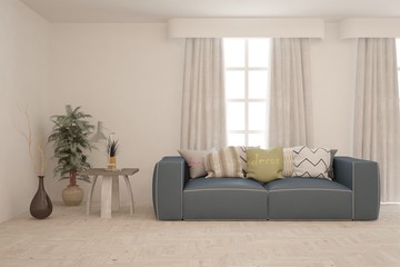 White living room with sofa. Scandinavian interior design. 3D illustration