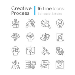 Creativity pixel perfect linear icons set. Idea generation. Imagination of creative artist mind. Customizable thin line contour symbols. Isolated vector outline illustrations. Editable stroke